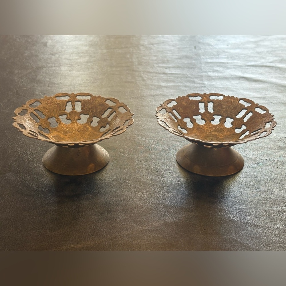 Brass Filigree Pedestal Bowls Etched Intricate Floral Design India 3.5" Vintage